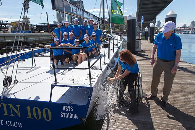 Liesl Tesch christens the boat as Syd Fischer looks on © Andrea Francolini http://www.afrancolini.com/